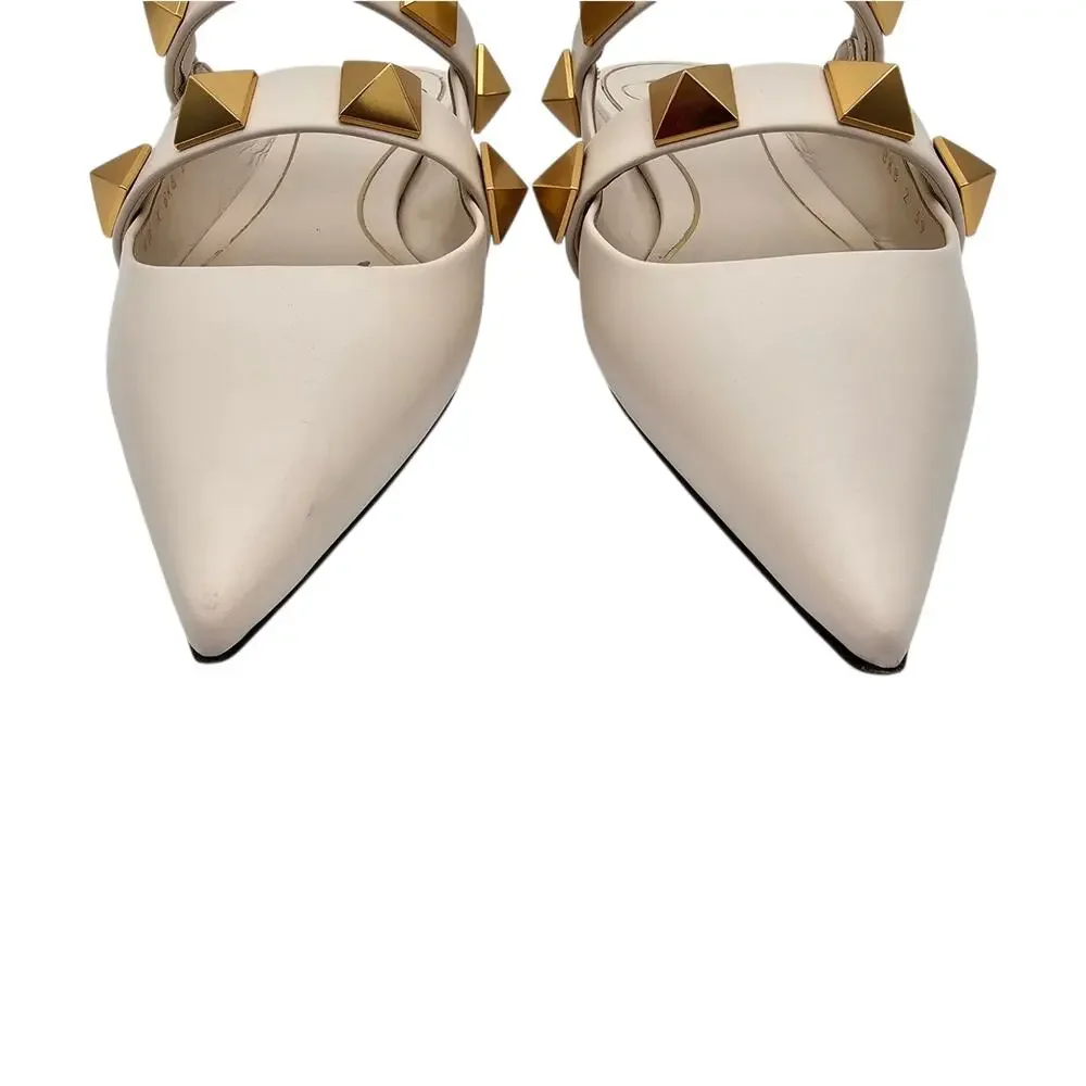 Valentino Garavani Roman Stud Flat Cage Mule Slide White Leather Gold Size 39 9